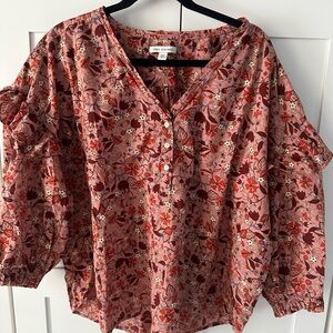 Free Assembly Pink Floral V-Neck Balloon Sleeve Blouse